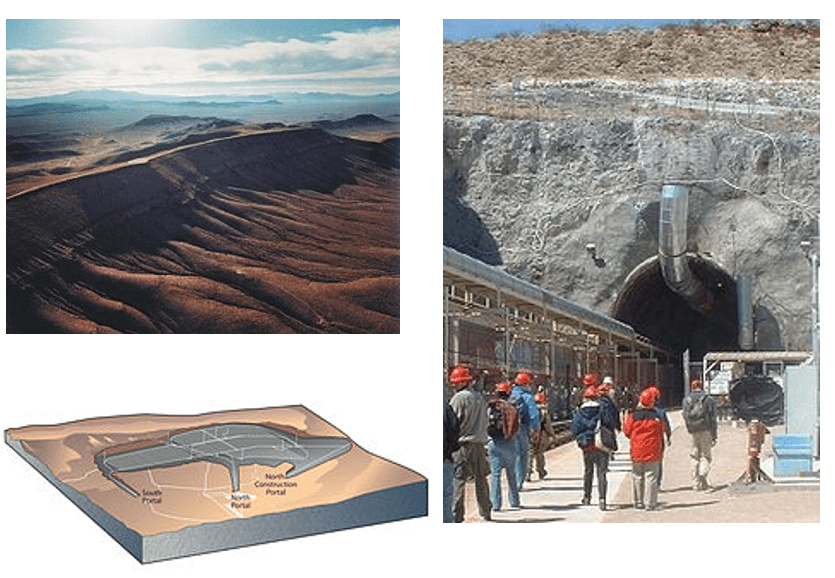 Overview of a geological site featuring desert landscapes, a mining tunnel entrance, and a project schematic. Highlights ongoing construction and exploration.